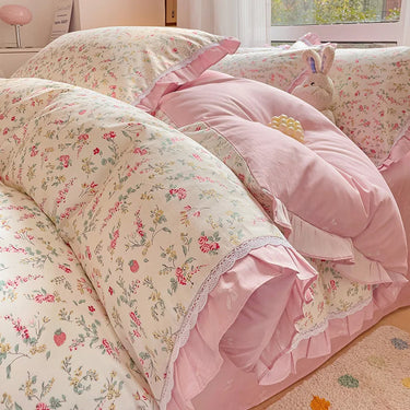 Korean Vintage Pastoral Print Floral Ruffles 100% Cotton Bedding Set